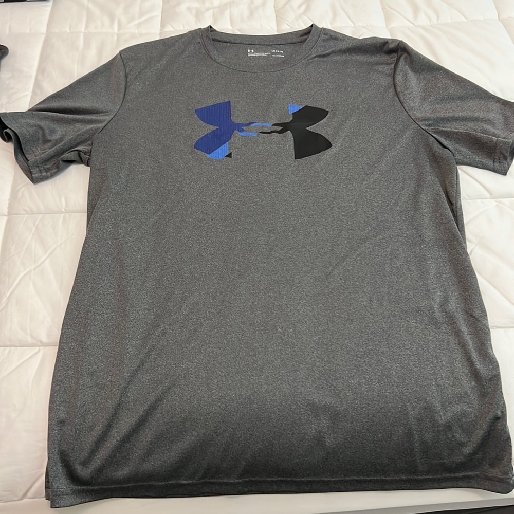 UA Large athletic material gray t shirt with blue logo- used- good condition